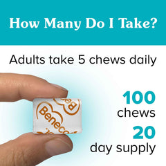Benecol Soft Chews five-chew serving supports cholesterol management daily.