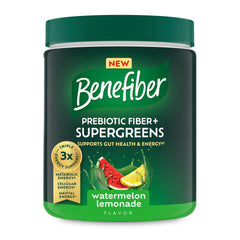 Benefiber Prebiotic Fiber + Supergreens tub; supports digestive health with watermelon lemonade flavor.
