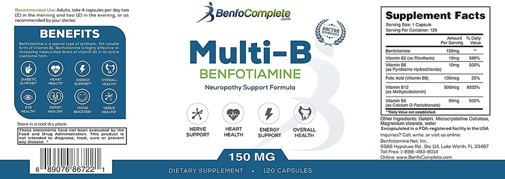 BenfoComplete Benfotiamine bottle back label with ingredients and usage details.