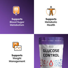 Ben's Natural Health Glucose Control capsules close-up, easy to swallow.