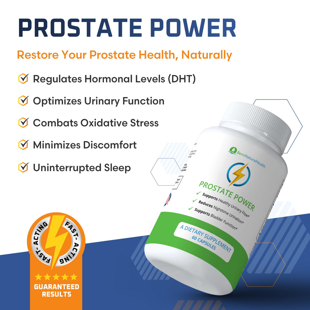 Ben's Natural Health Prostate Power bottle label highlights USA-made vegan and testing