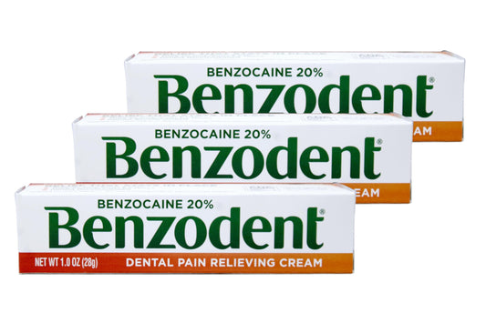 Benzodent dental pain relief cream tube ready for quick relief of mouth discomfort.