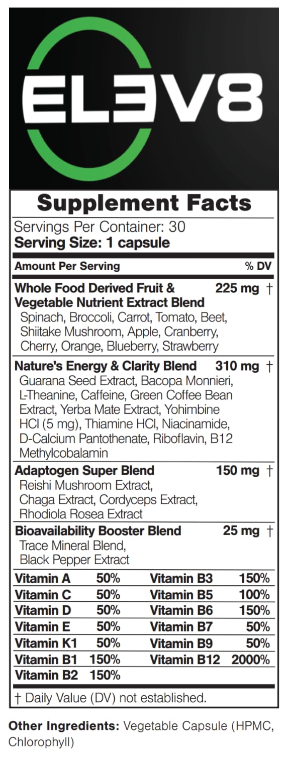 BEpic ELEV8 bottle back label details caffeine content and key ingredients.