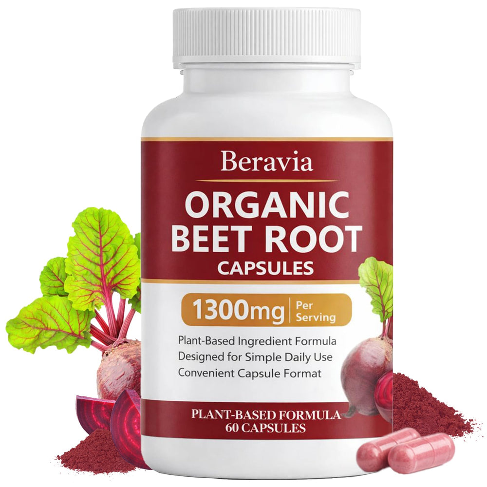 Beravia Beet Root capsules bottle close-up showing daily energy support
