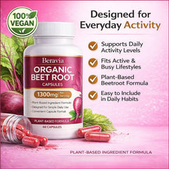 Nutrition panel of Beravia Beet Root capsules indicating beetroot-derived nutrients