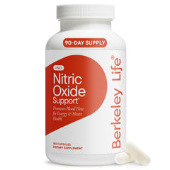 Berkeley Life Nitric Oxide bottle front supports daily blood flow and energy potential.