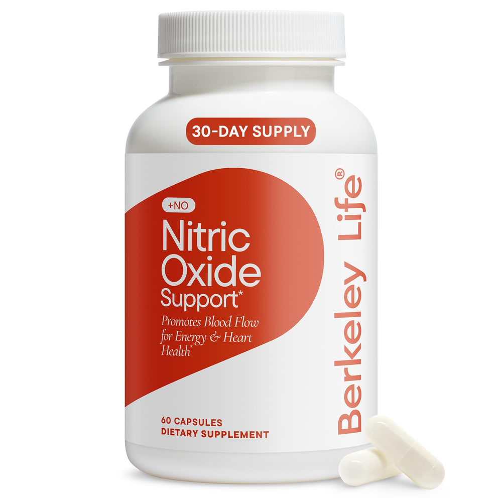 Berkeley Life nitric oxide supplement bottle for daily capsules supporting blood flow and energy.