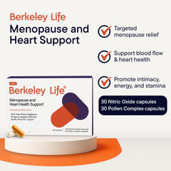 Berkeley Life pollen complex capsule close-up highlighting relief for hot flashes and mood fluctuations.