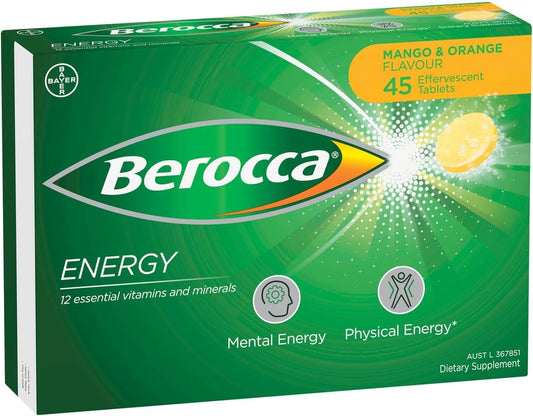 Berocca Energy mango-orange tablets dissolving in water for daily energy support.