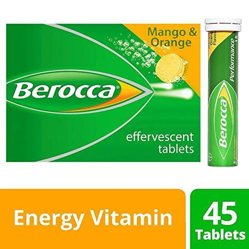 Berocca Orange packaging and label highlighting 12 vitamins and minerals.