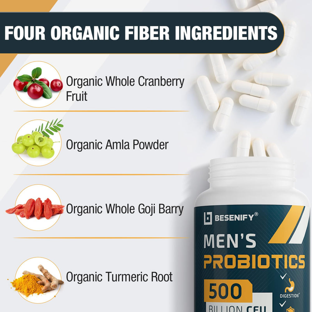 Besenify Probiotics organic cranberry turmeric goji blend label close-up, premium male formula