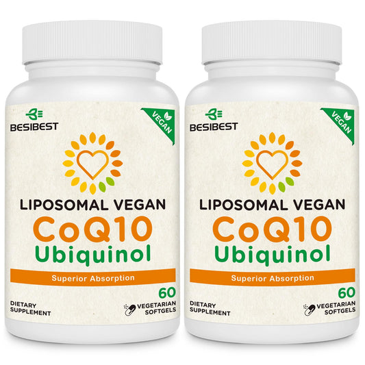 Besibest 1000mg liposomal CoQ10 bottle emphasizes high absorption with vegan softgels.