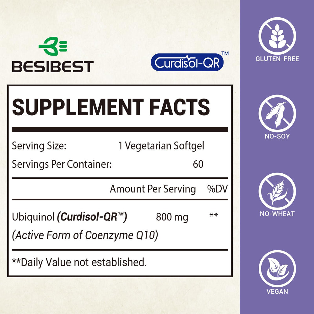 Besibest liposomal ubiquinol CoQ10 bottle back showing vegan and gluten-free details.