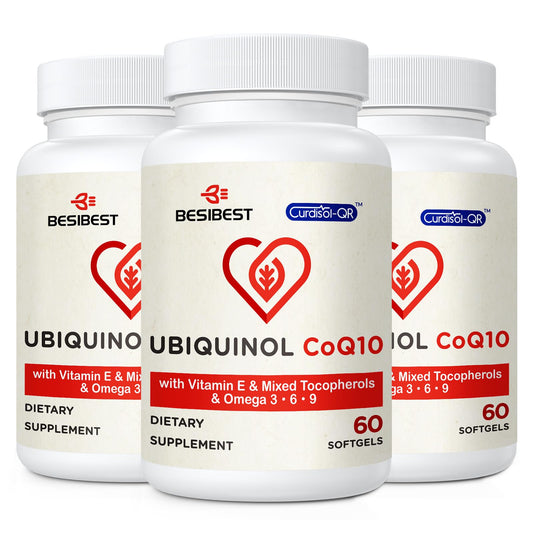 Besibest ubiquinol 600mg softgel bottle shows high-dose CoQ10 for energy support.