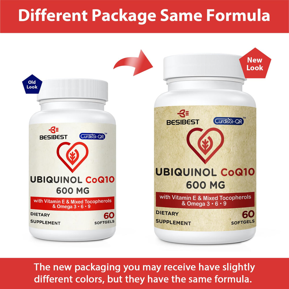 Besibest Ubiquinol 600mg softgel with omega-3 simplified pill container for convenient daily intake.