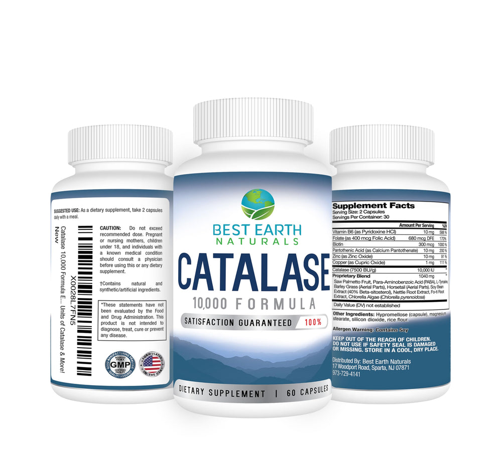 Best Earth Naturals Catalase 10,000 bottle back with dosage details