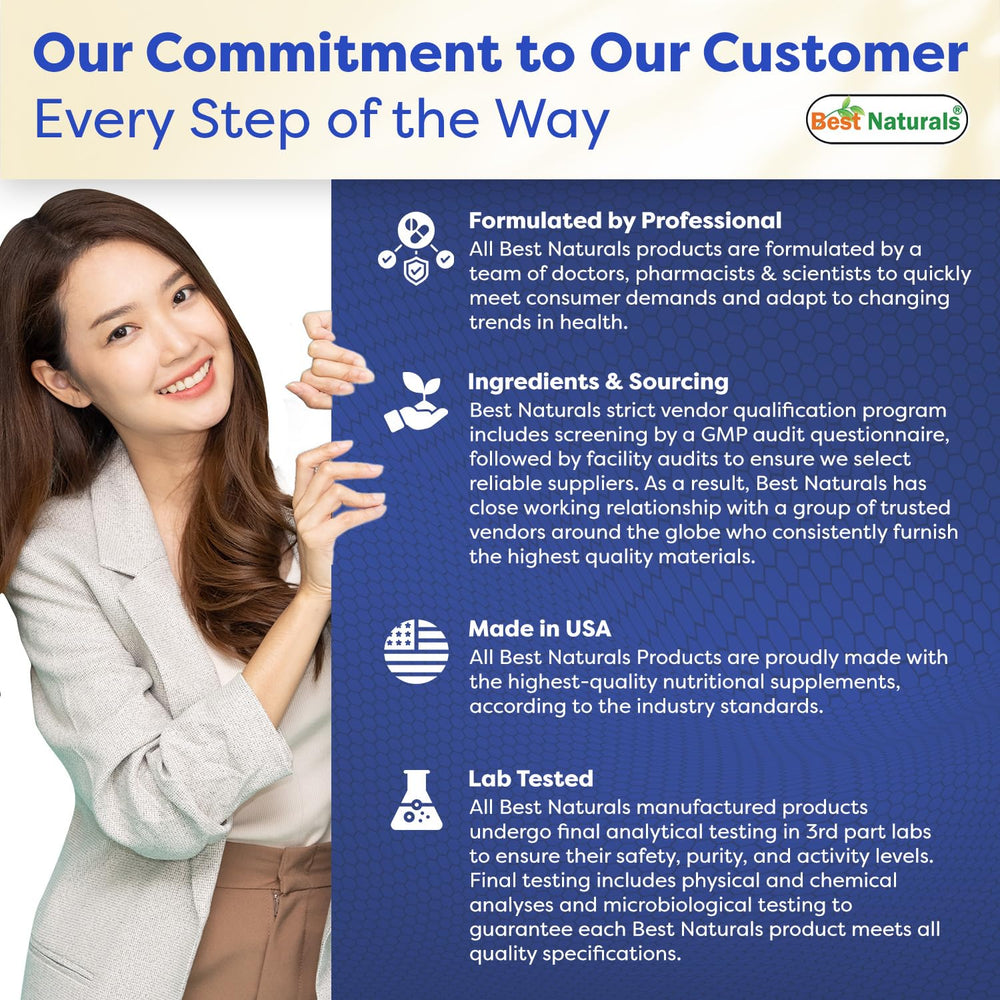 Best Naturals bottle top image emphasizes USA manufacturing and strict quality controls.