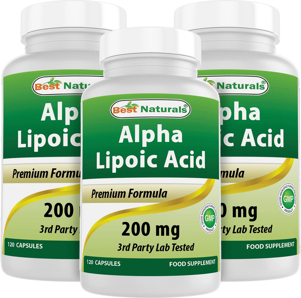 Best Naturals Alpha Lipoic Acid 200 mg bottle with clear dosage per capsule for easy dosing.