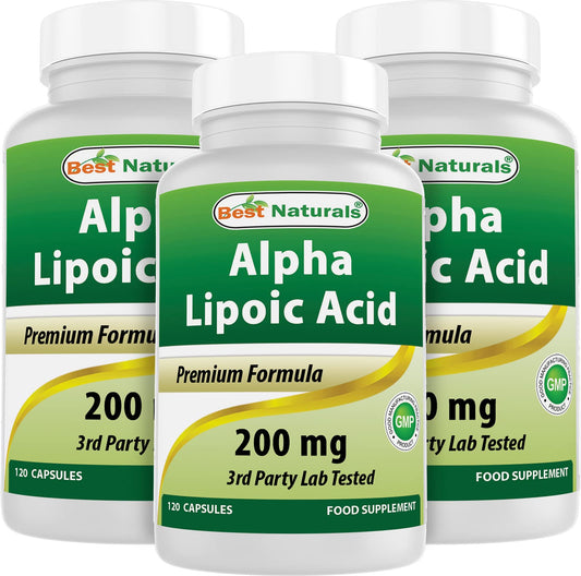 Best Naturals Alpha Lipoic Acid 200 mg bottle with clear dosage per capsule for easy dosing.