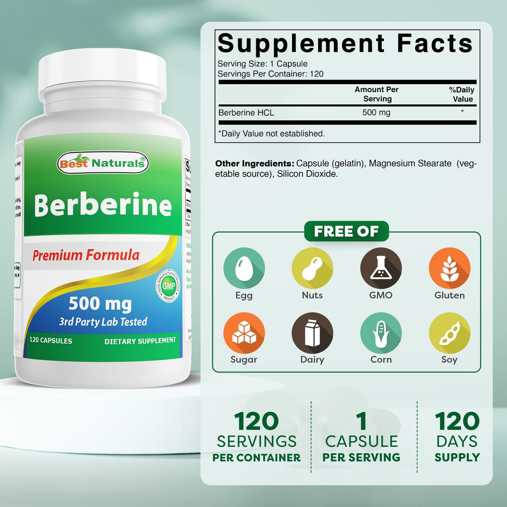 Best Naturals Berberine 500mg capsules inside for convenient daily use