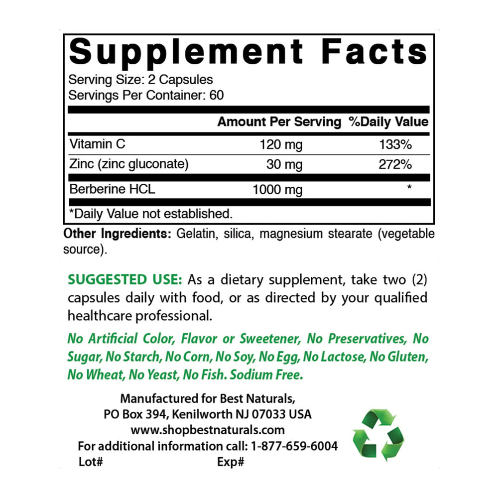Best Naturals Berberine Plus capsules closeup in a 120-count bottle