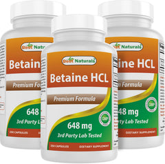 Best Naturals Betaine HCl bottle front shows 648 mg per capsule for potential digestive support