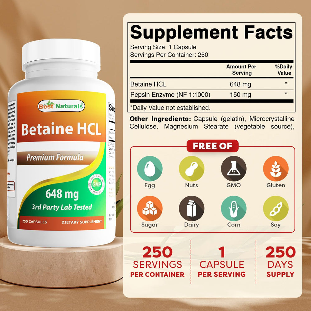Best Naturals Betaine HCl capsules inside the bottle highlight easy-to-swallow form
