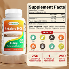 Best Naturals Betaine HCl capsules inside the bottle highlight easy-to-swallow form