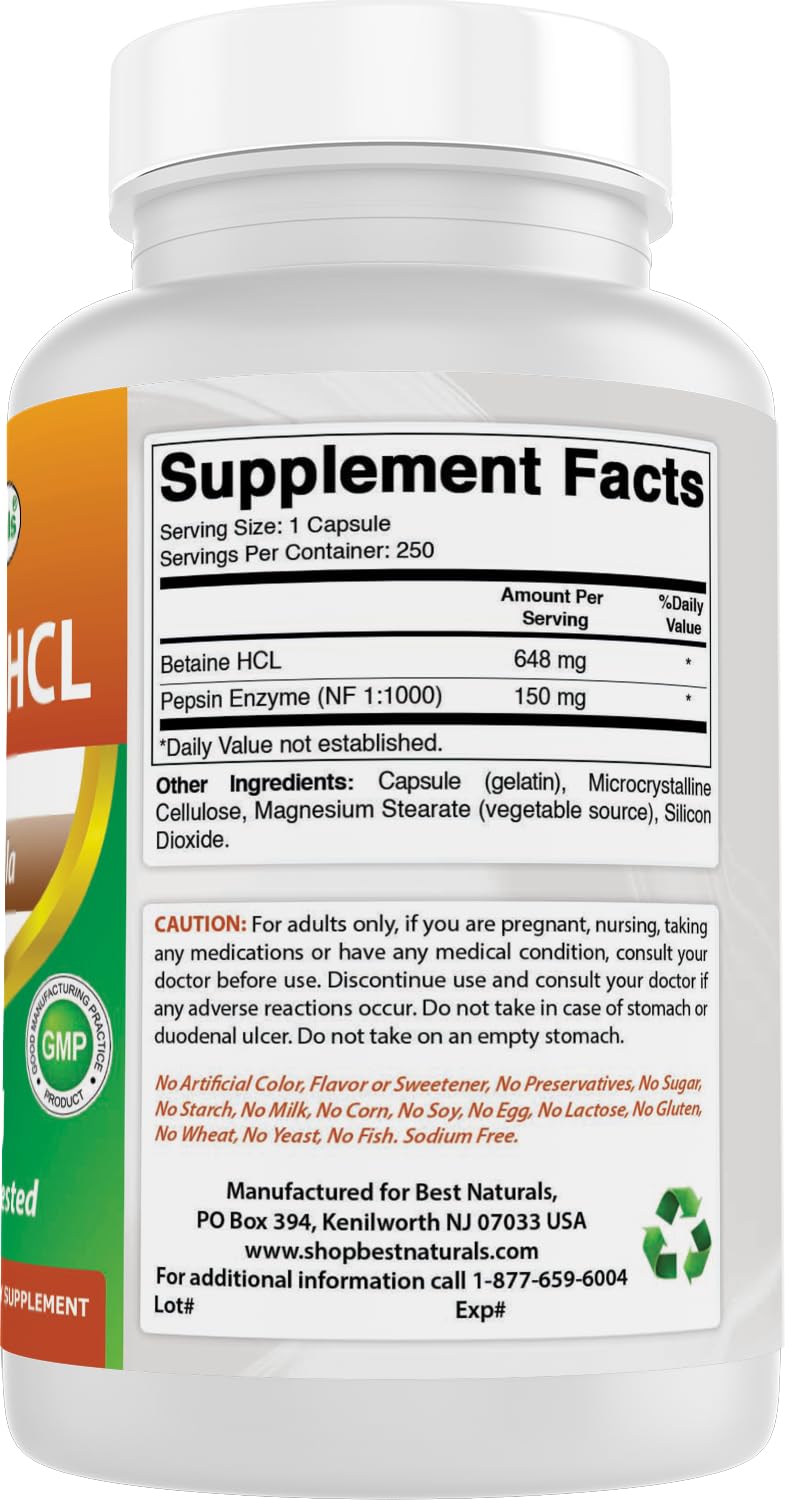 Best Naturals Betaine HCl made in USA label with GMP and FDA registration
