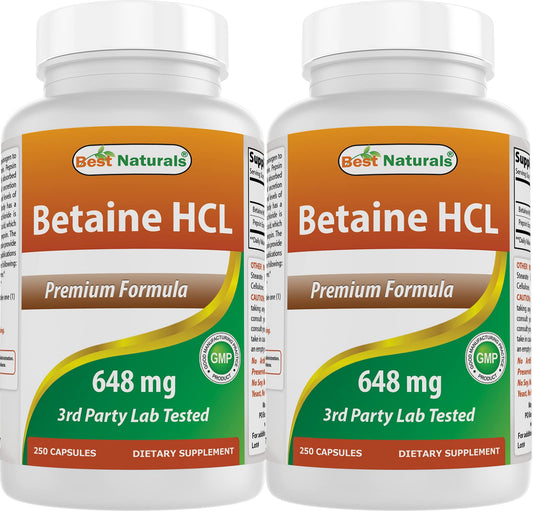 Best Naturals Betaine HCL bottle front signals quality and dosage clarity.