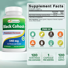 Best Naturals Black Cohosh 540 mg bottle label with dosage info for daily use.