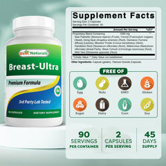 Best Naturals Breast-Ultra bottle back shows ingredients and purity seals