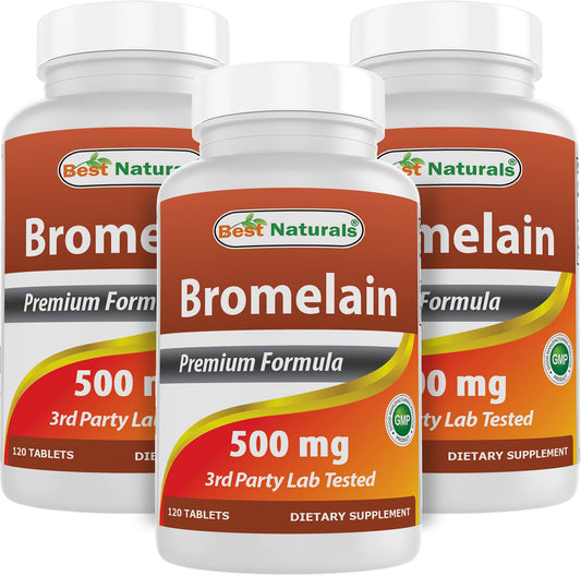 Best Naturals Bromelain 500mg tablets front view, gluten-free and non-GMO quality.