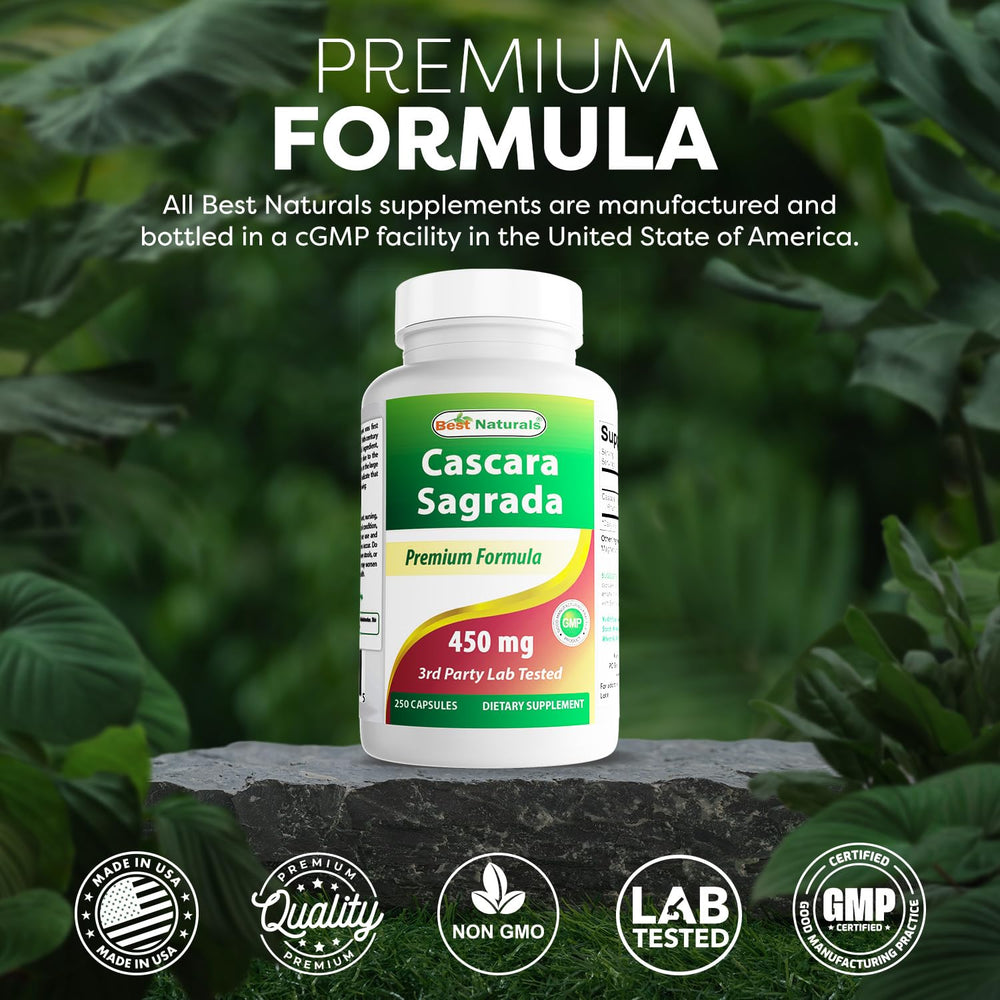 Best Naturals Cascara Sagrada bottle shown in a USA-made facility context.