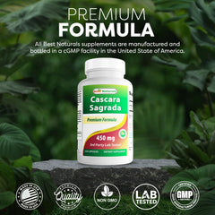 Best Naturals Cascara Sagrada bottle shown in a USA-made facility context.