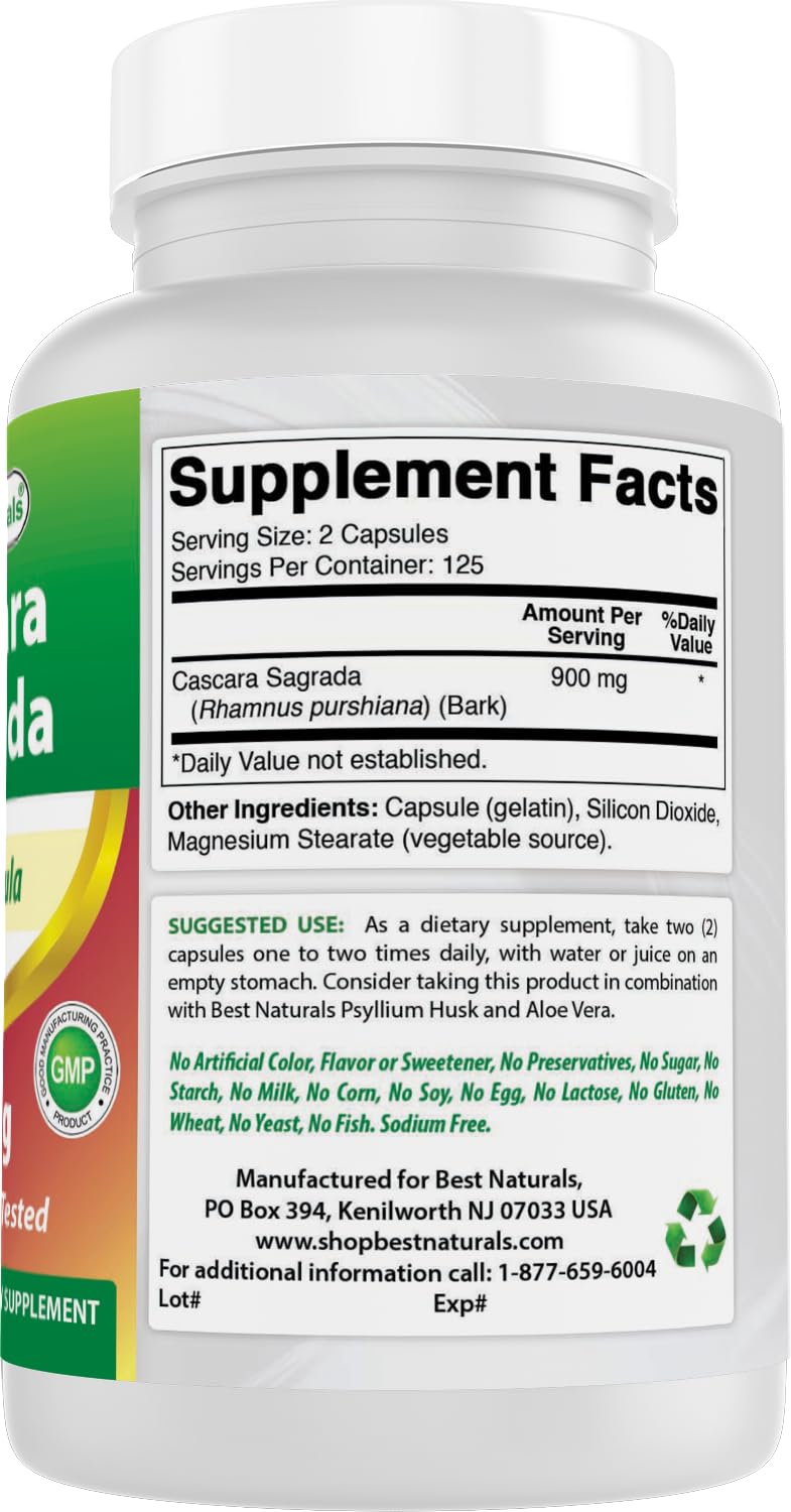 Best Naturals Cascara Sagrada branding highlights sodium-free formulation.