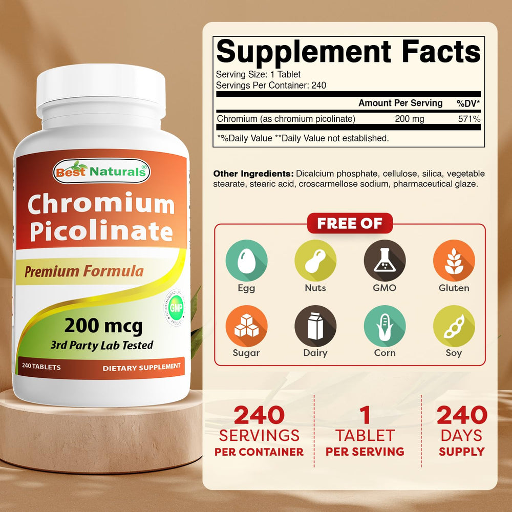 Best Naturals Chromium Picolinate bottle back label with dosage details for informed use.