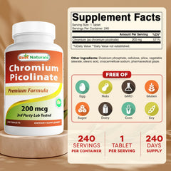 Best Naturals Chromium Picolinate bottle back label with dosage details for informed use.