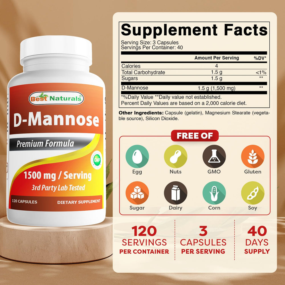 Close-up of Best Naturals D-Mannose 1500 mg capsules for convenient daily intake.