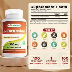 Best Naturals L-Carnosine 500 mg capsules close-up showing high-purity formula for daily support