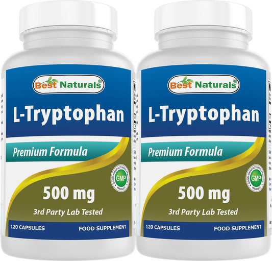Best Naturals L-Tryptophan 500mg bottle – supports daily calm and focus.