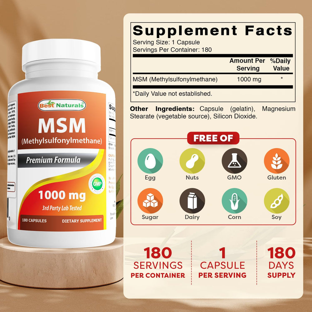Best Naturals MSM capsules closeup highlighting 1000 mg dosage.