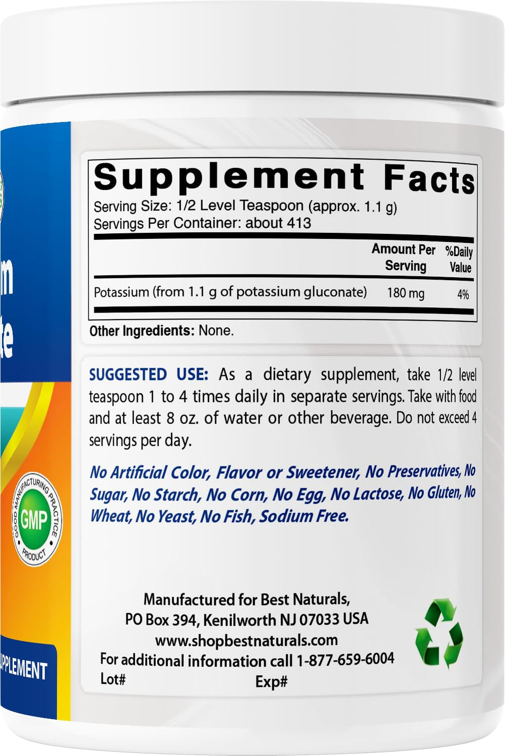 Gluten-free and non-GMO icons with potassium gluconate label