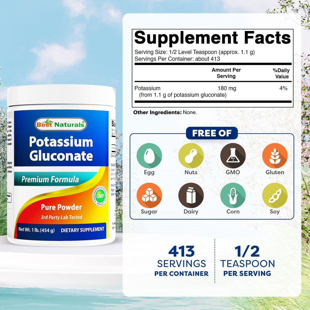 Scoop beside potassium gluconate powder showing easy daily dosing