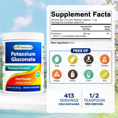 Scoop beside potassium gluconate powder showing easy daily dosing