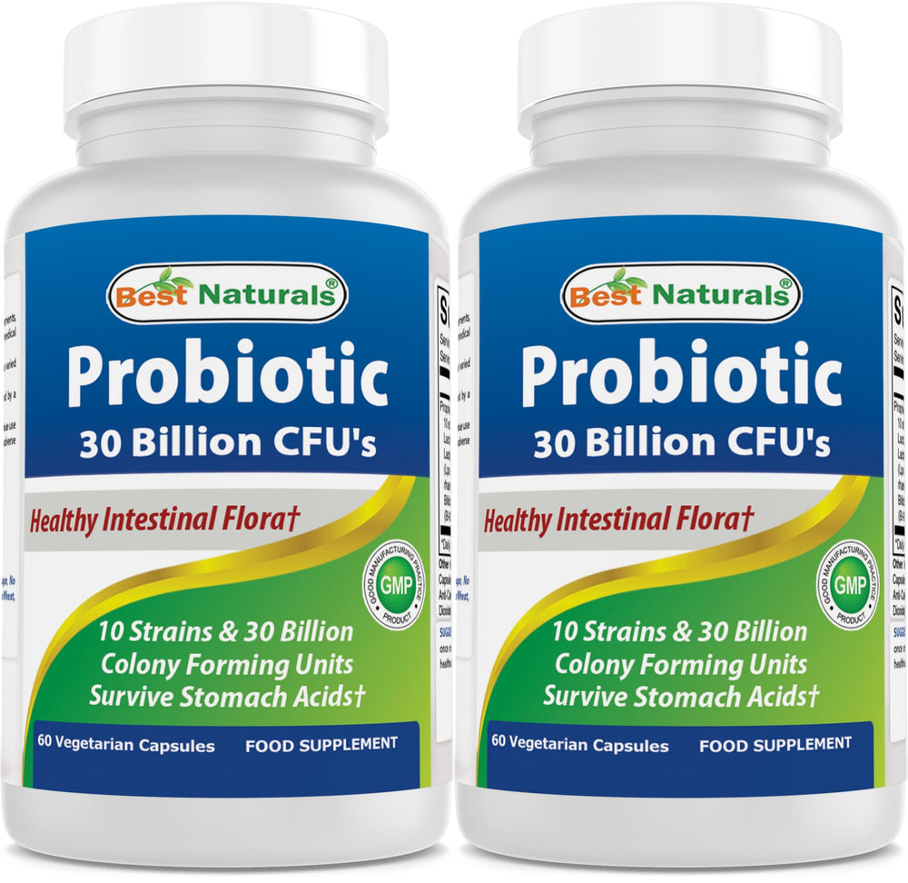 Best Naturals Probiotic bottle front shows 10 strains and 30B CFU for daily use.