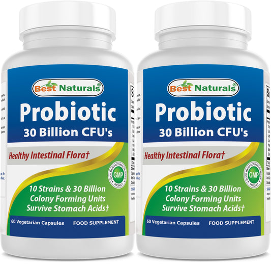 Best Naturals Probiotic bottle front shows 10 strains and 30B CFU for daily use.