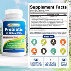Best Naturals probiotic bottle side panel highlighting 60 vegan capsules per bottle.