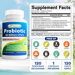 Best Naturals Probiotic 30B CFU bottle closeup highlights shelf-stable formula