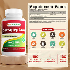 Best Naturals Serrapeptase capsules back noting non GMO and gluten free.